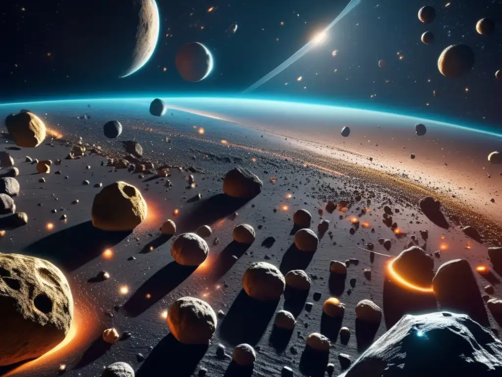 Asteroid Belt Rumble: Photorealistic Thrill and Danger A breathtaking photorealistic depiction of an asteroid belt, ablaze with color and detail against a black cosmic canvas