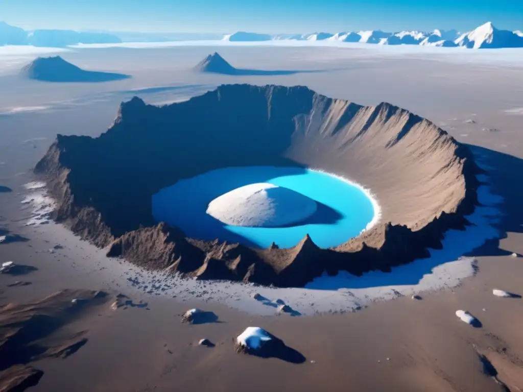 A barren ice age landscape with a pale blue sky and distant mountains visible in the background