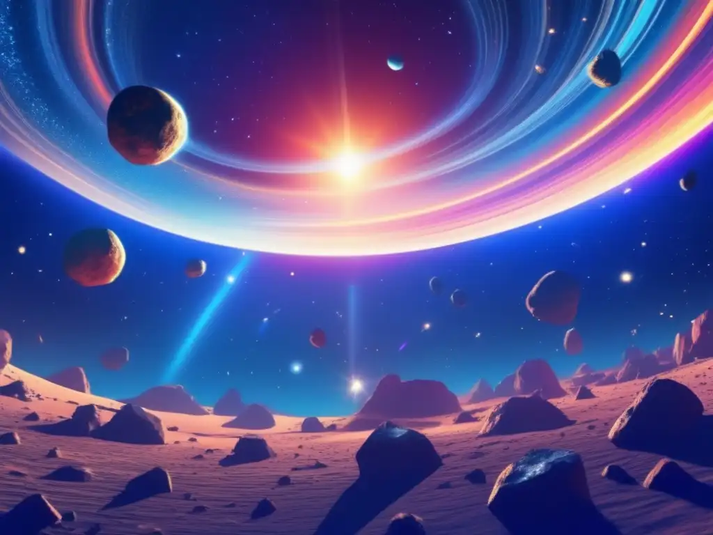 A captivating image of a shimmering asteroid belt, with complexively textured asteroids dancing in a mesmerizing formation
