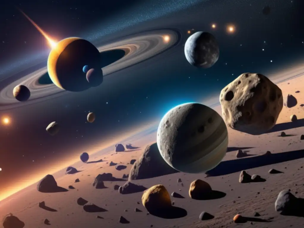 A stunning photorealistic depiction of an asteroid belt, zooming in on a diverse range of unique asteroid shapes, sizes, and textures
