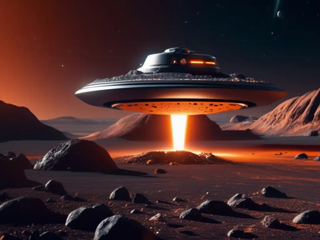An atmospheric image of a sleek alien spacecraft gracefully descending onto the rugged asteroid Gorgon, its metallic surface glinting with the reflection of the rocky terrain below