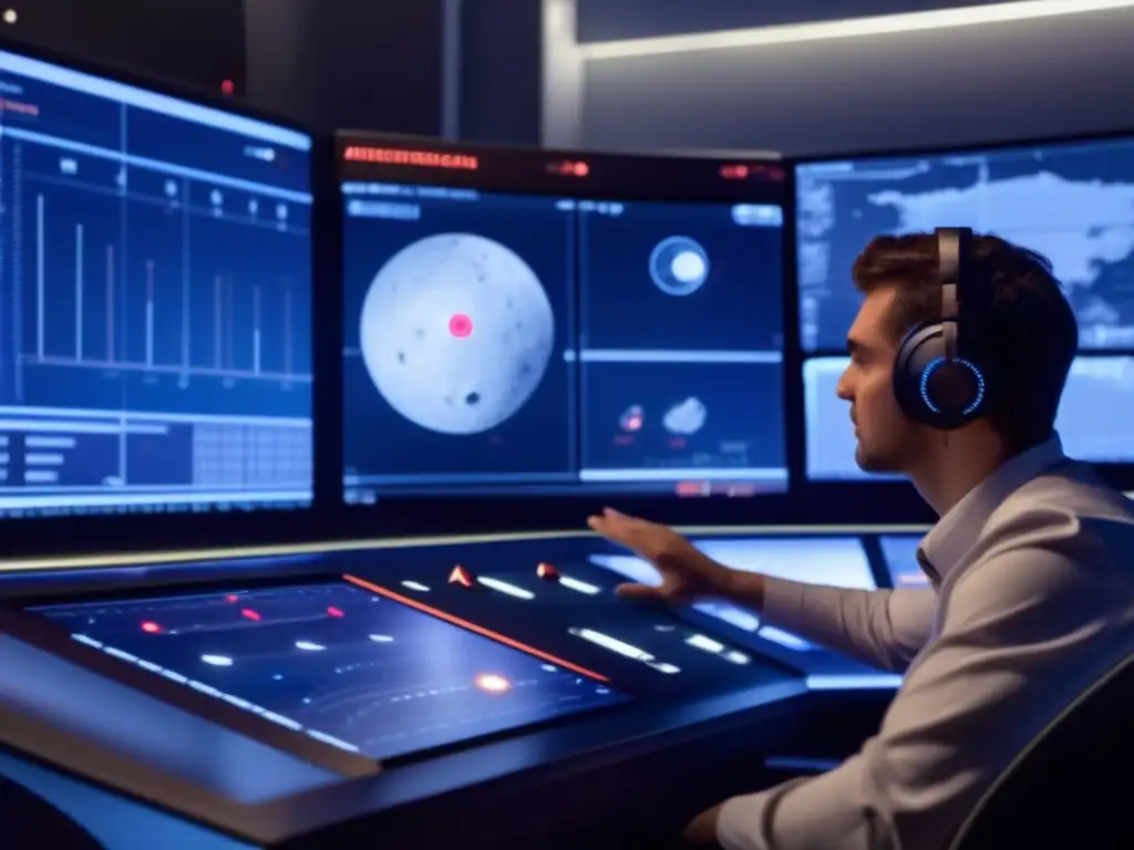 Asteroid Tracker Focus: Intense Review in a Semi-Dark Control Room A closeup photorealistic image of a scientist meticulously analyzing asteroid data in a dimly lit control room