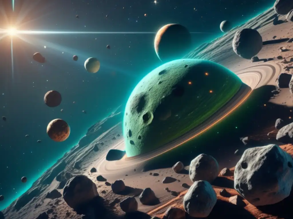 A stunning view of the asteroid belt from above, captured in shades of bluegreen to simulate depth and atmosphere