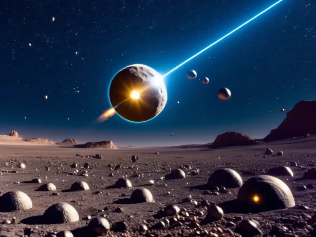 Dynamic and dramatic image of a tiny asteroid surrounded by vibrant hues of orange and red amidst the millions of others in the interstellar travel