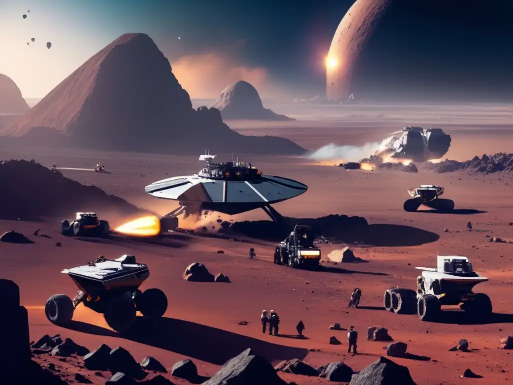 View from above a lively asteroid mine, where drills, rovers, and pods dart around the rugged terrain