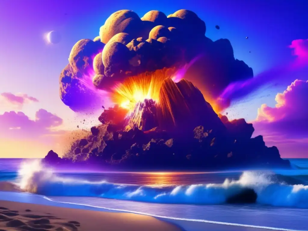 The serene ocean is shattered by a catastrophic asteroid impact, causing a colossal wave to rise and plummet