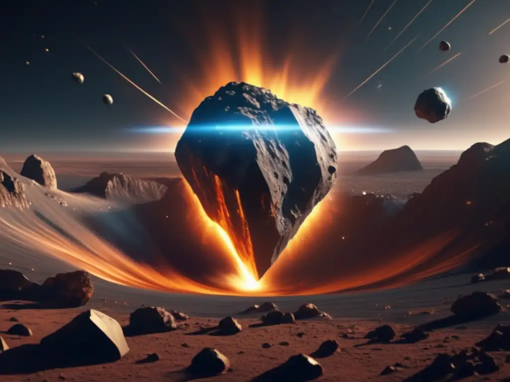 A photorealistic asteroidoid zips towards Earth, its interior mysteriously exposed through an Xray beam in an 8k ultradetailed generation