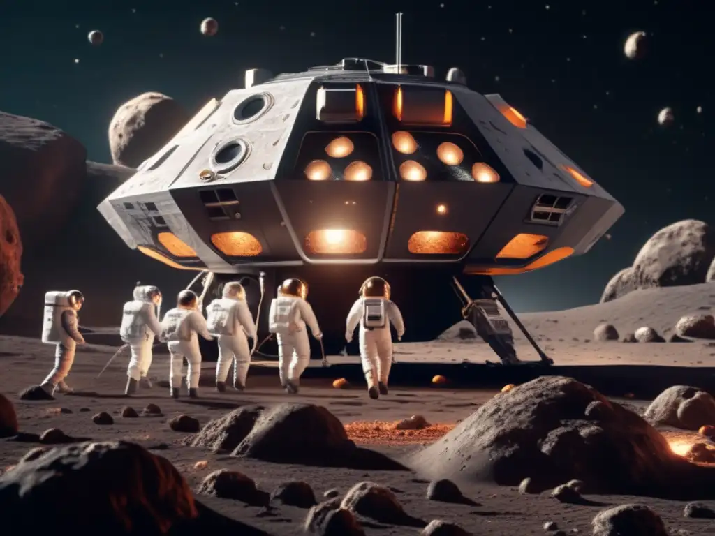 A striking contrast of a sleek scientific spacecraft and a small, rotund alien life form emerging from a module on an asteroid