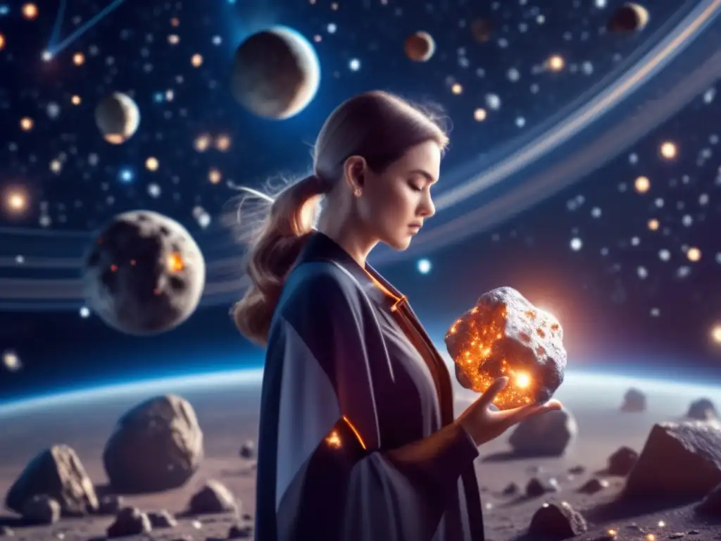 An astrologist illuminates the mysteries of celestial bodies by demonstrating a detailed asteroid field