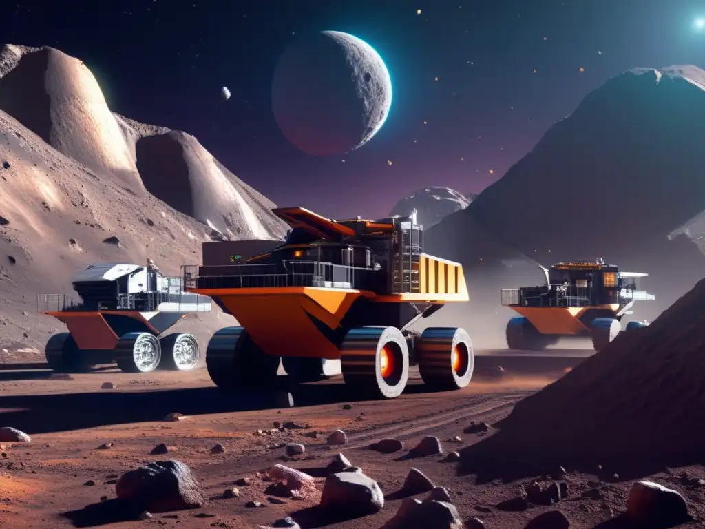 A photorealistic image of a bustling mining facility on the surface of an asteroid in space, meticulously crafted with 3D technology and advanced lighting techniques
