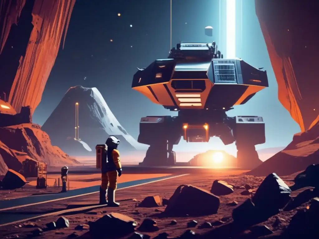A photorealistic depiction of a solitary figure, clad in a mining suit and helmet, standing atop a desolate asteroid mining base
