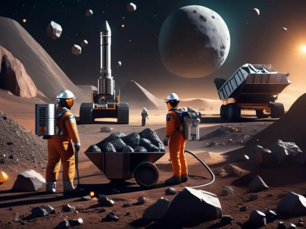 Intrepid miners gear up to brave the cold vacuum of space, clad in sleek suits and armed with cutting-edge tools and machinery