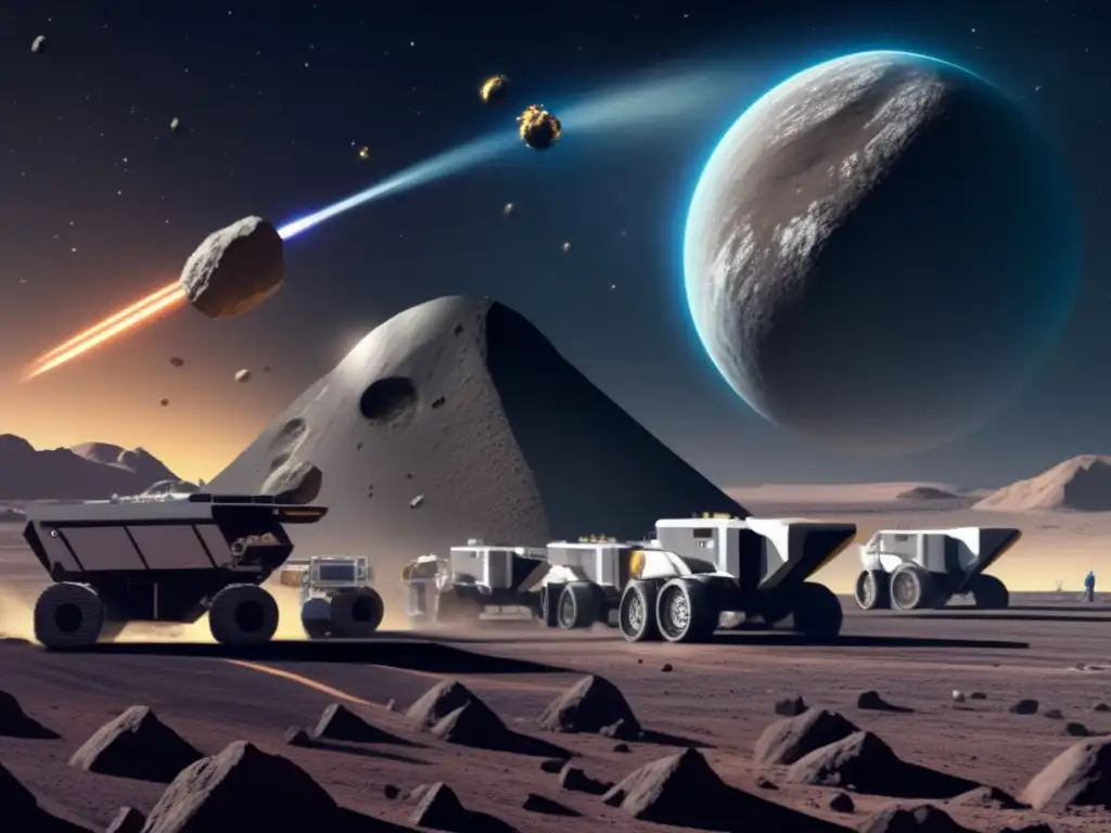 An intricate photorealistic rendering of an asteroid mining operation in space