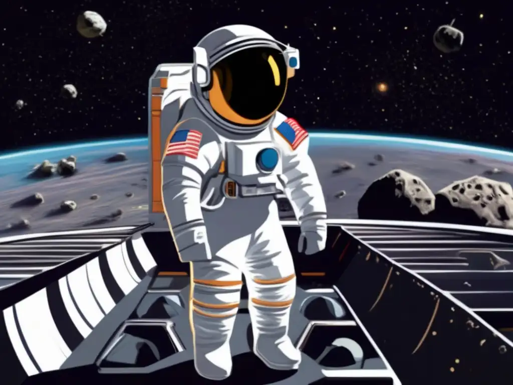 Astronaut struggles to escape asteroid Agamemnon's grasp, surrounded by heavy metals and craters