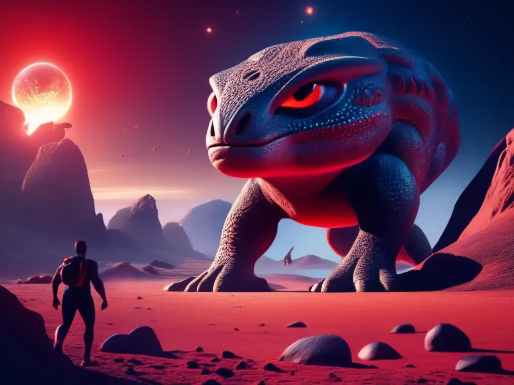 Chase through the cosmos: a fiery asteroid in pursuit of a shimmering, glowing creature from Maori mythology