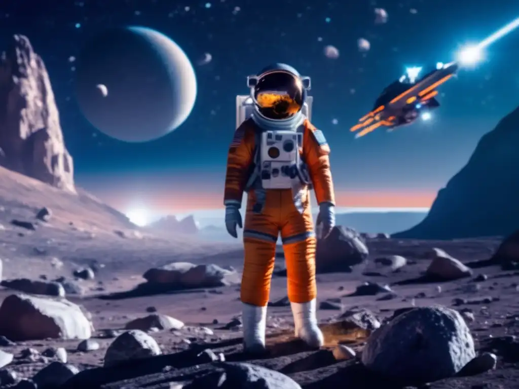 A lone human stands atop a jagged asteroid, gazing out at the star-filled cosmos and a sleek, futuristic spaceship
