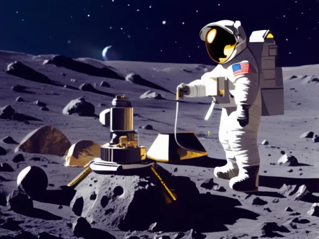 Dash: Hardworking astronaut with steely gaze, in spacesuit on asteroid with drill and deflection plate, skillfully modifying surface for safety