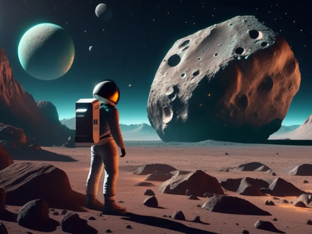 An 8k ultradetailed image of an astronomer, their gaze fixed on a jagged, rocky asteroid with deep craters, in front of an orbiting spacecraft