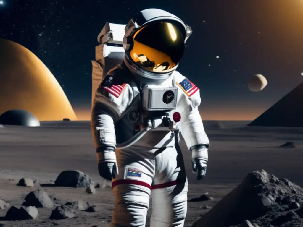 An astronaut in a spacesuit clutches a golden mining helmet, standing confidently atop an asteroid mining facility