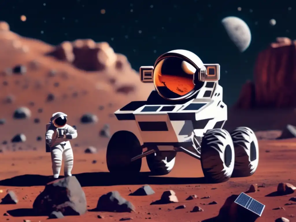 Astronaut confidently holds tiny rover in front of colossal, weathered asteroid, scanning space with focused gaze