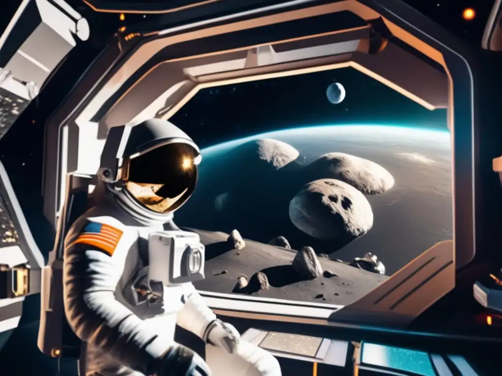 A photograph of an astronaut suit in a spacecraft, outwardly gazing at the asteroid Harmonia, with its rocky surface and jagged cliffs visible