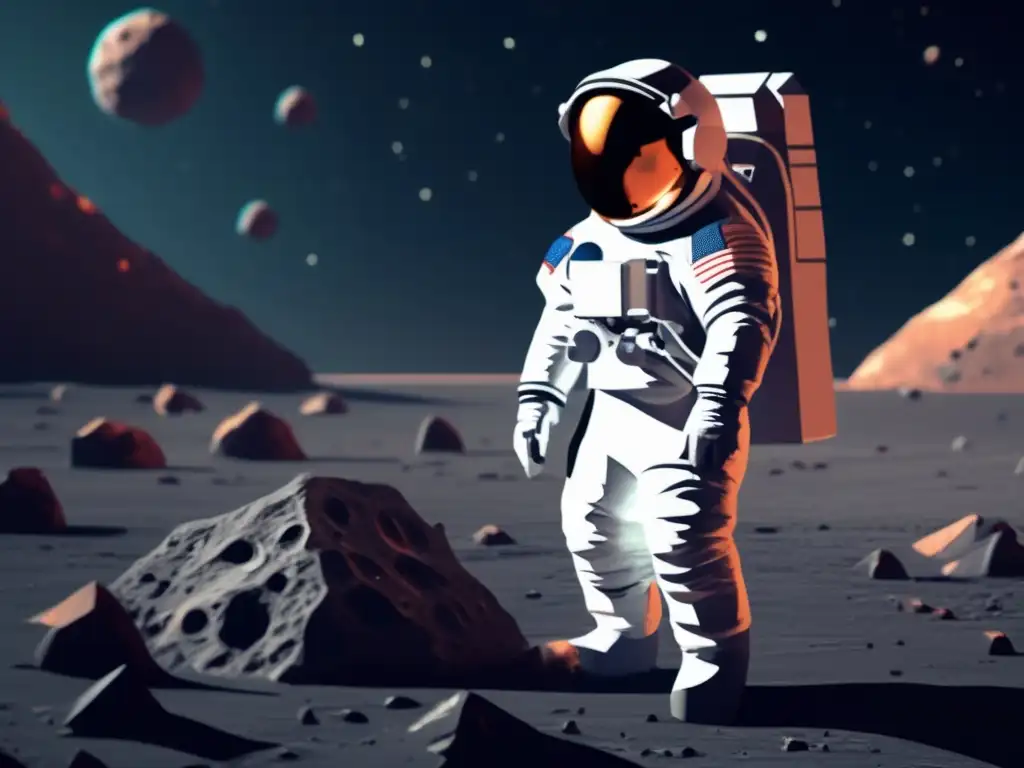 A breathtaking photorealistic image of a sentinel astronaut in a spacesuit inspecting a colossal asteroid's jagged surface