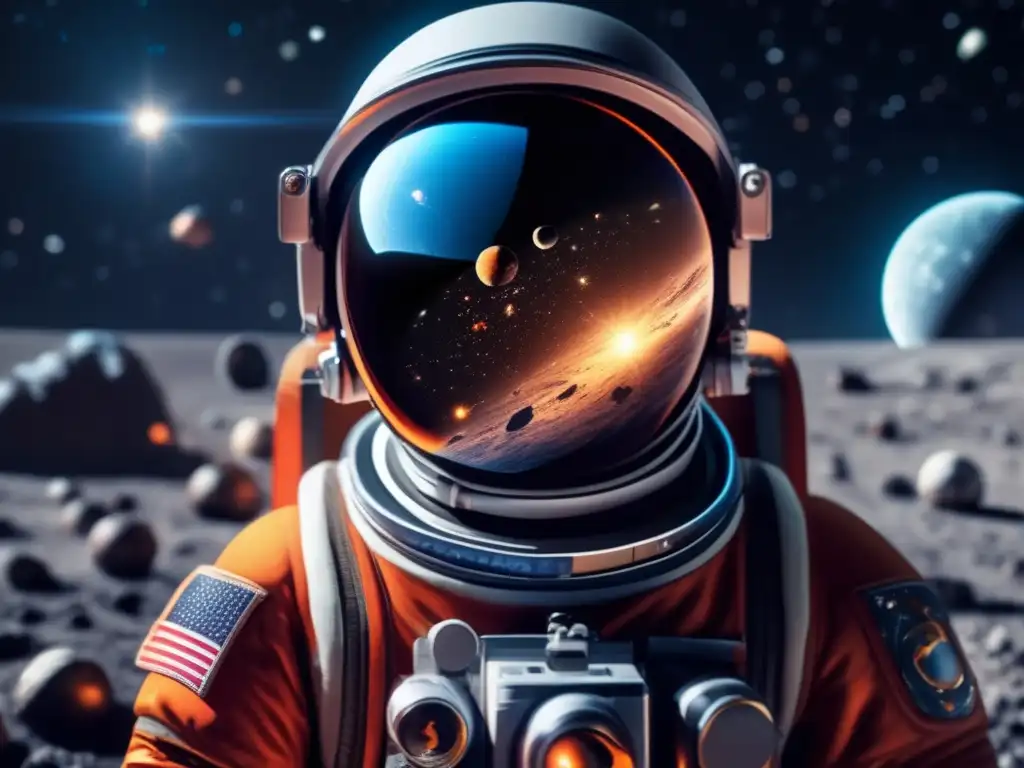 Astronaut's Goggles Reveal Glowing Asteroids Against Dark Background An astronaut's narrowed gaze studies celestial bodies through a dark adaptation goggles in deep space