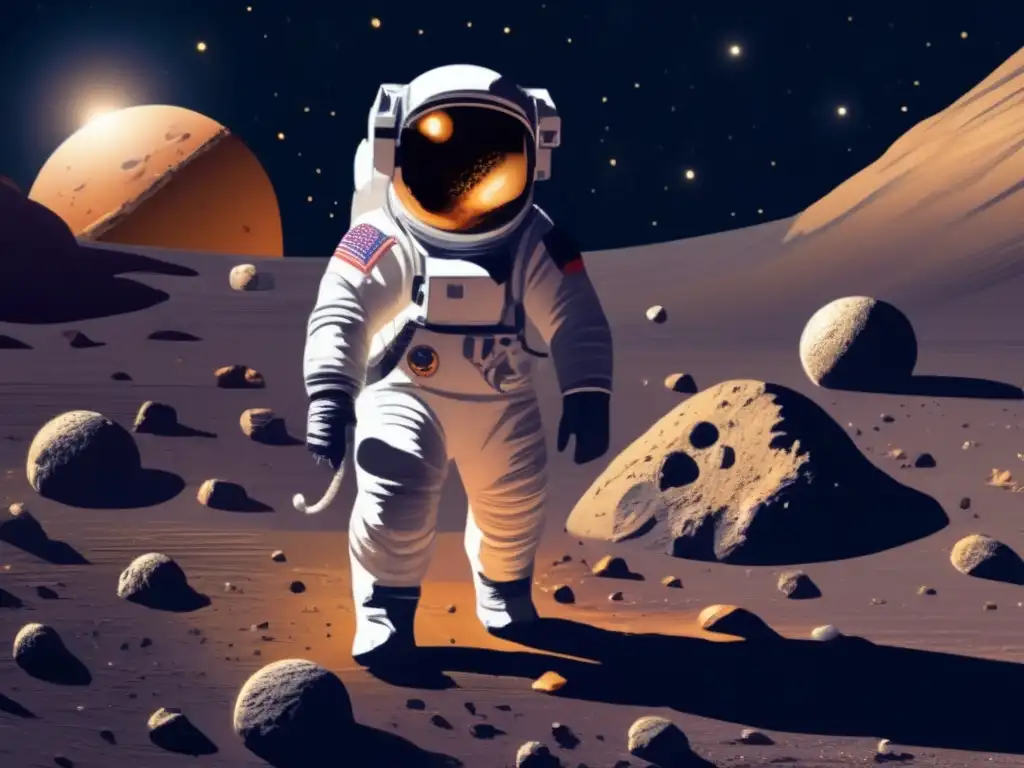 Astronaut grips onto the rocky surface of asteroid Aeneas, discovering its wondrous features