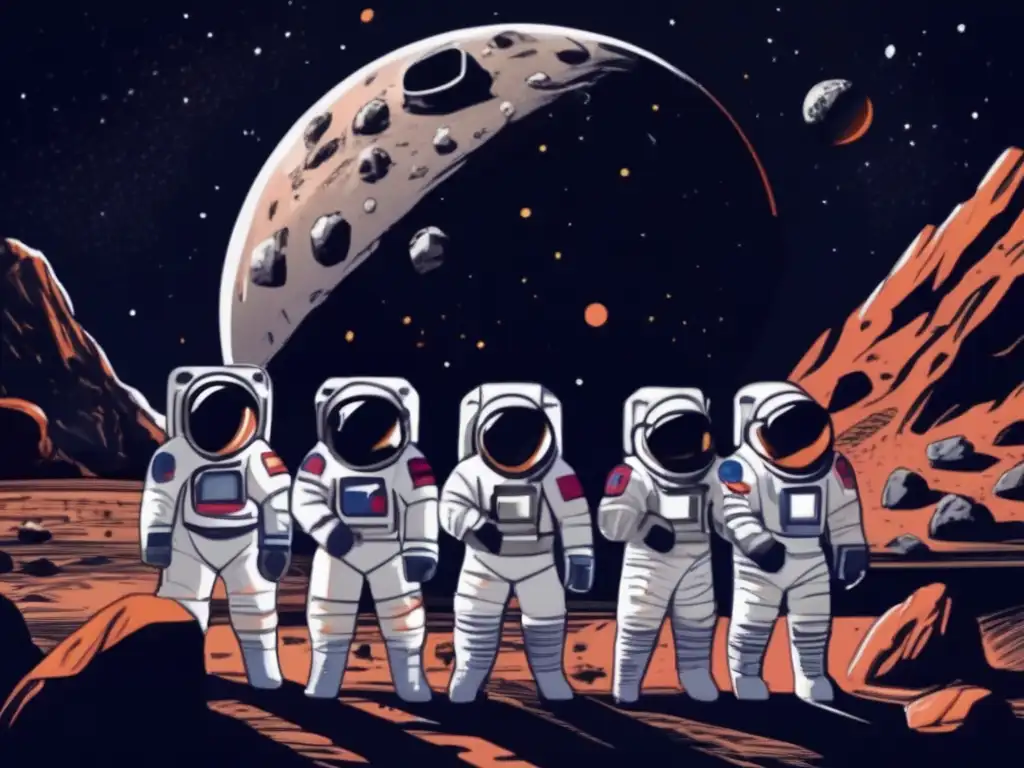 A group of astronauts huddled in fear and determination face an imposing asteroid, while another looms in the distance