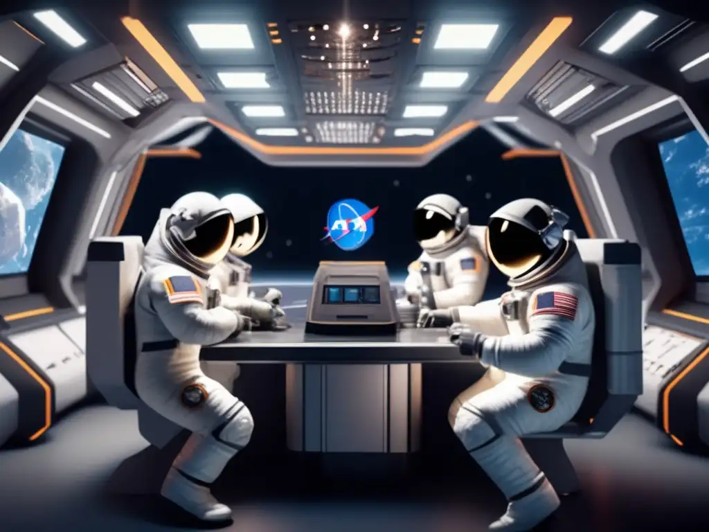 An stunning photorealistic depiction of an international team of astronauts collaborating tirelessly in a futuristic space station, skillfully deploying multiple advanced asteroid deflection devices to shield Earth from an impending asteroid strike