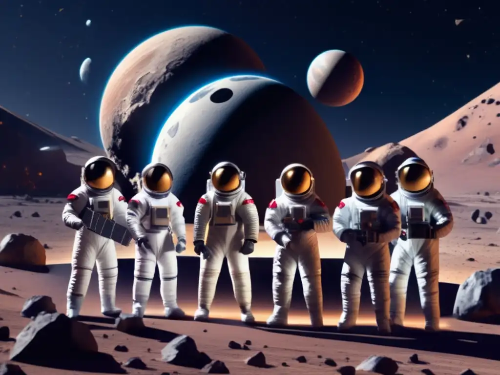 Defenders of the Cosmos A highly detailed and photorealistic image of a group of astronauts in spacesuits, standing in front of a robust planetary defense system protecting Earth from asteroid impacts