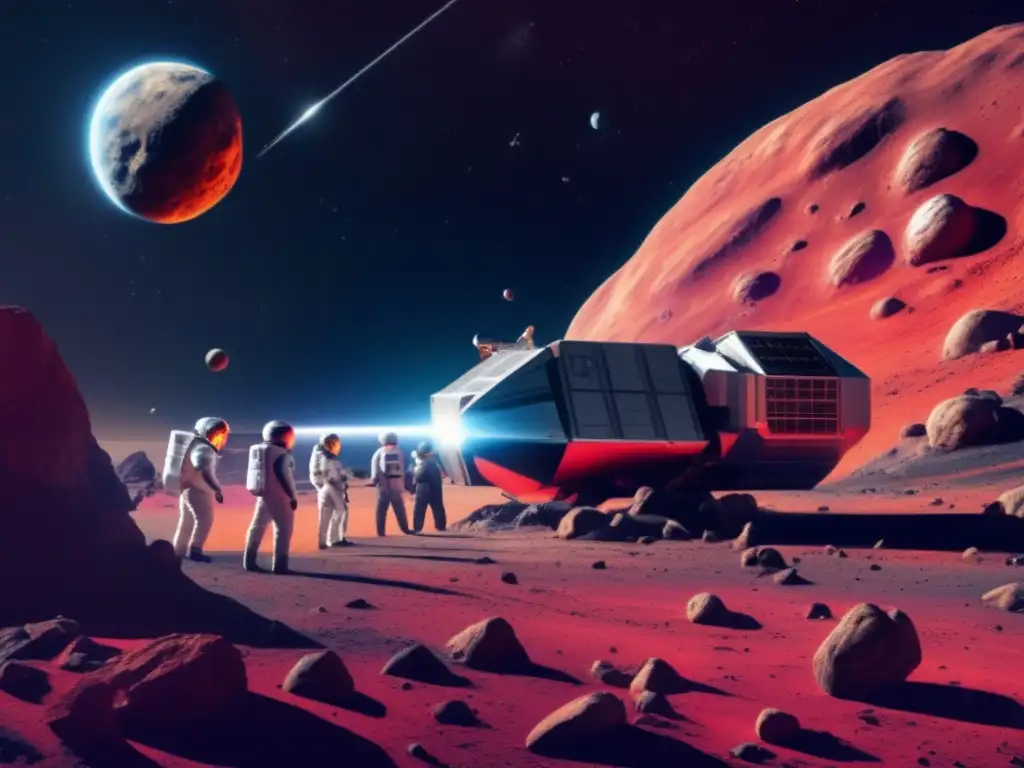 Dangerous Asteroid Encounter: Astronauts in Spacesuits Make Contact A thrilling photorealistic image of a daring team of astronauts boarding a spaceship to make contact with a colossal red asteroid