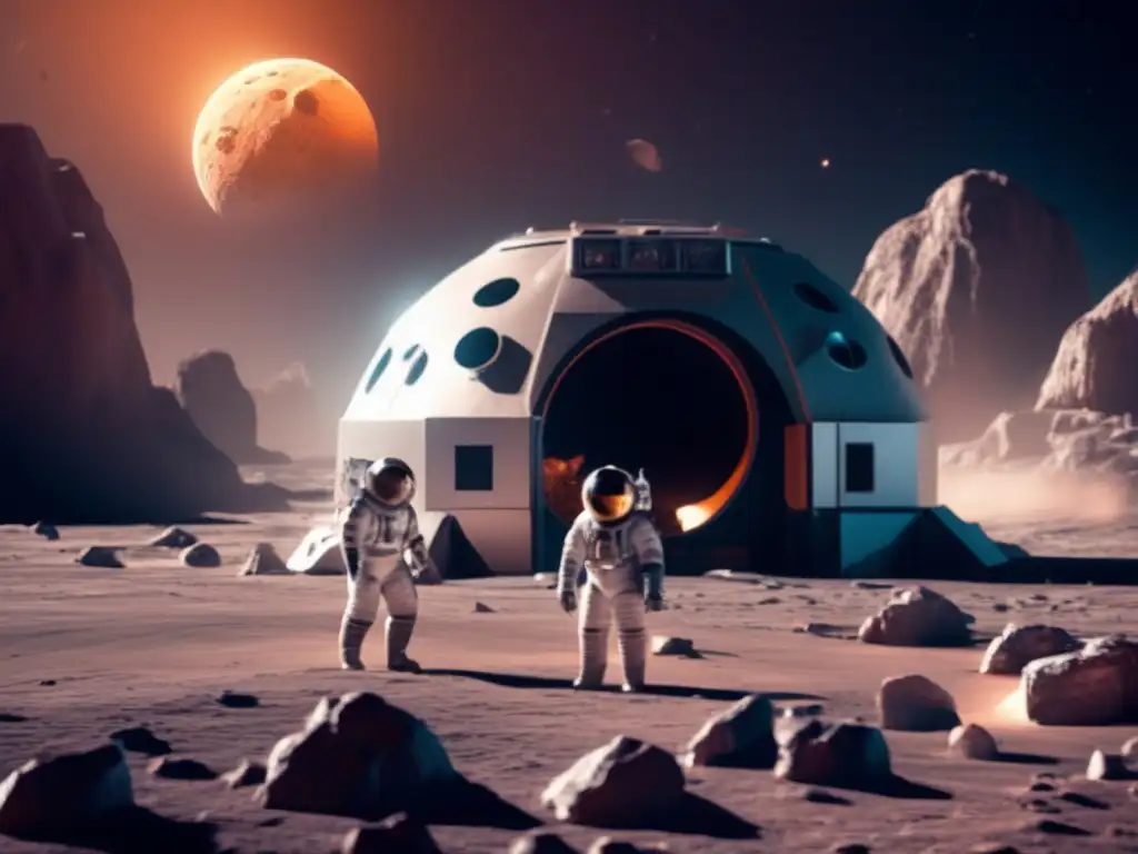 Asteroid Moonbase Investigation: Unearthing Impact Data A haunting photorealistic image of an asteroid hovering above a cryogenic moon base, with two astronauts inside a pressure dome, in protective gear, poised to investigate the damage caused by the asteroid impact on the moons surface, surrounded by a dust storm, ice formations and rocky crevices