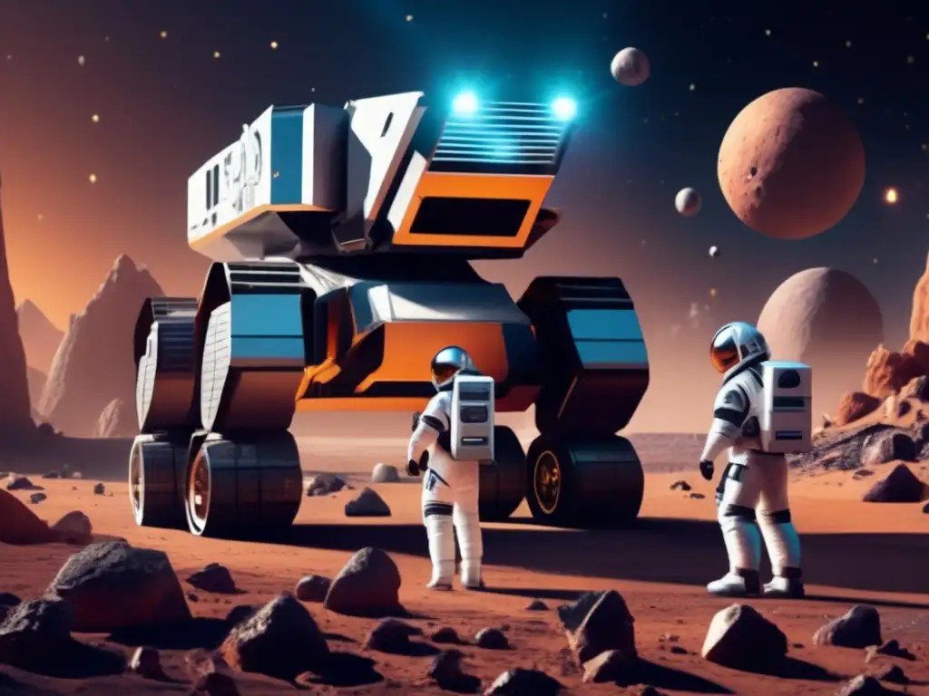 A dynamic team of astronauts in spacesuits huddles around a large mining robot, surrounded by asteroids