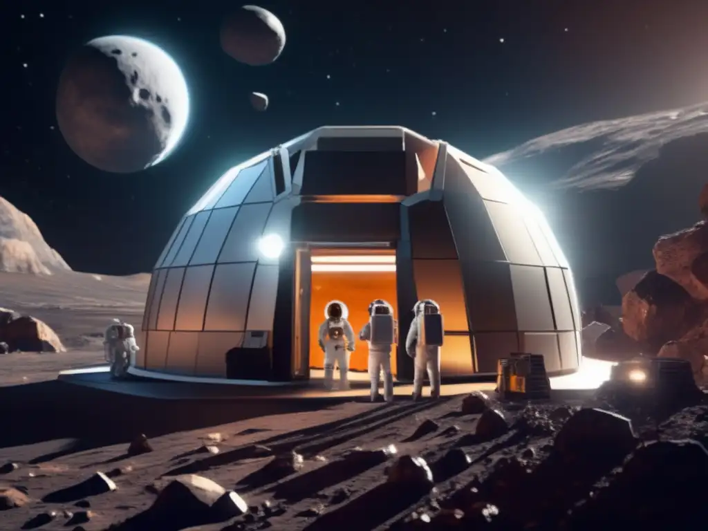 A photorealistic team of astronauts, seen in a brightly lit semitransparent dome on a distant, dark asteroid