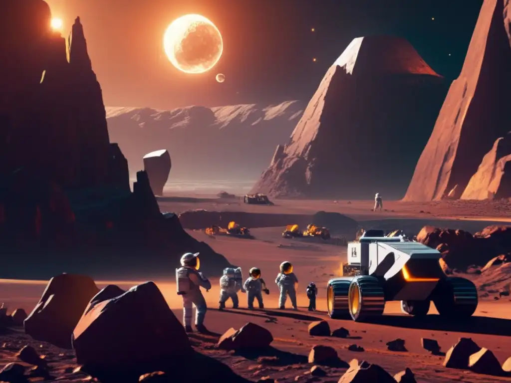 A starlit mine in the cosmos, glistening with jewels, while the haunted sky casts eerie shadows on the jagged asteroid