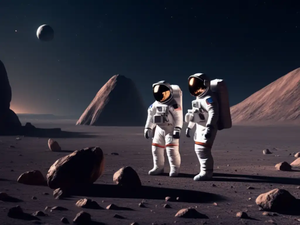 Challenging Asteroid Adaptation: Life's Quest Two astronauts brave the harsh space conditions, standing in front of a barren asteroid, surrounded by the endless expanse of the cosmos