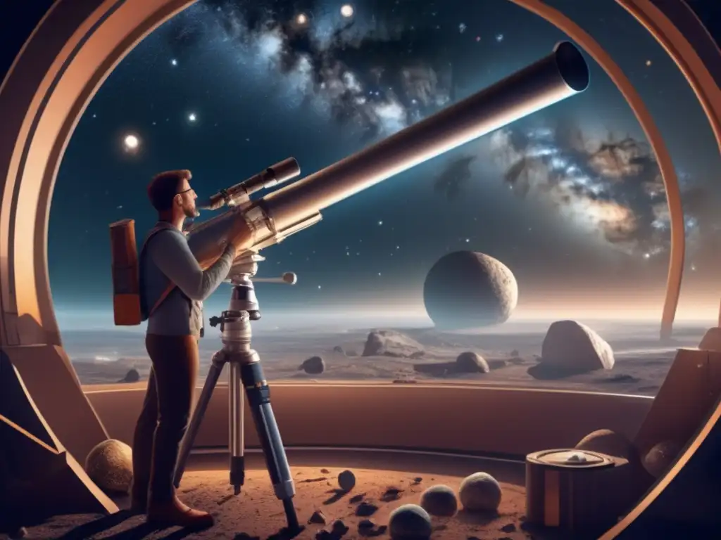 Astronomer's Quest: Tracking Celestial Bodies in a Starlit Observatory An astronaut stands tall in a dimly lit observatory, climbing through the night sky with a star atlas in hand on a telescope and files in hand