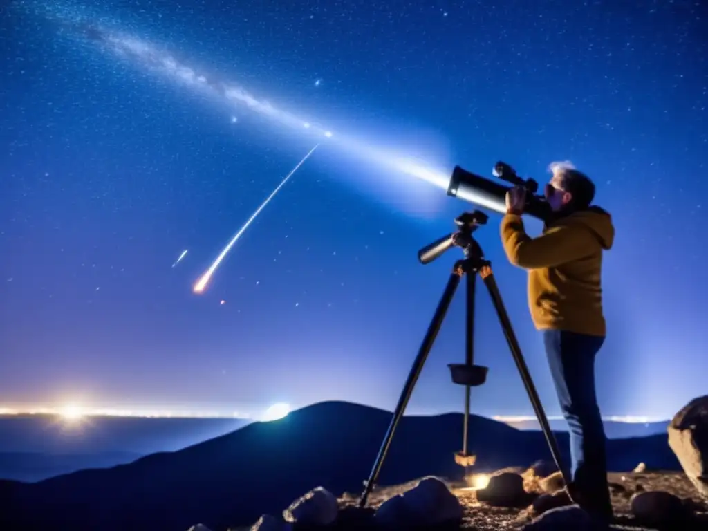 Meteor Showers and Asteroid Research: A Captivating Photograph, Fly! Astronomer observing an asteroid during a meteor shower, amidst a backdrop of twinkling stars and meteors streaking across the sky