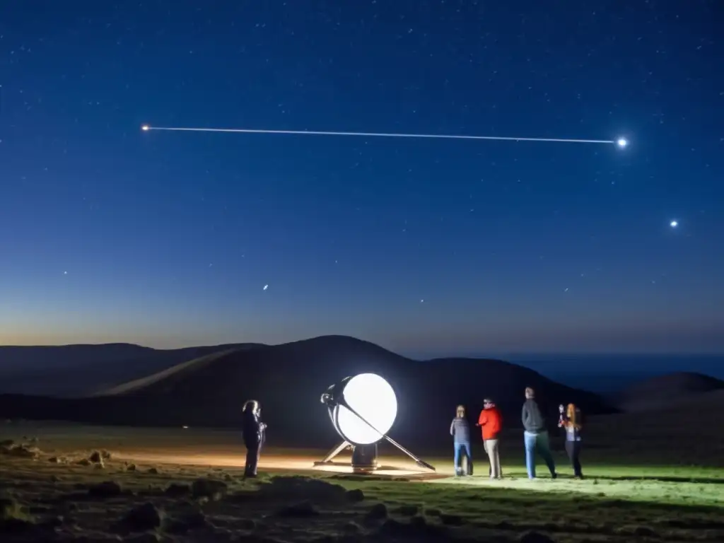 The astronomy club huddles around their telescope, lit up by the tracking software and protective netting