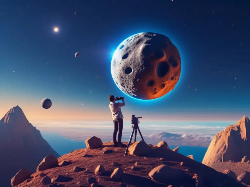 A determined person stares through a telescope, witnessing a bright, rocky sphere floating in a clear blue sky, surrounded by a soft glow of an infinity symbol