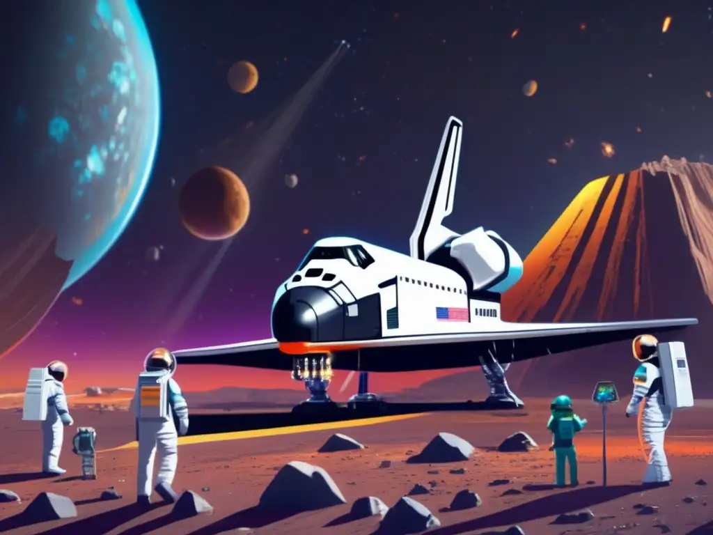 A stunning image of a futuristic space shuttle gracefully landing on a vibrant asteroid filled with gleaming, luminescent mineral veins