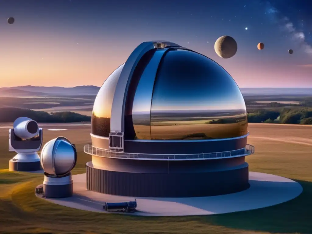 A panoramic view of a meticulously maintained observatory, brimming with telescopes and equipment, shrouded in an open field and gazing at a distinct asteroid in the sky