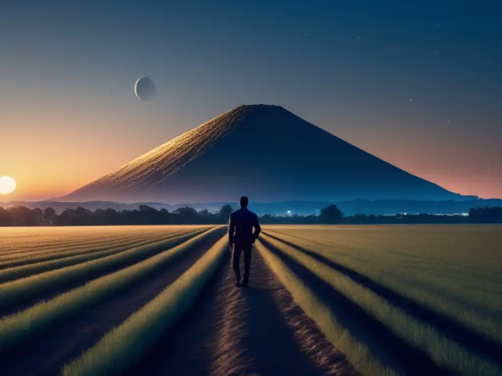 Asteroid 99942 Apophis: An Ominous Presence in the Open Field at Dusk An eerie, photorealistic image captures the vast openness of a field bathed in dusk, with a haunting silhouette of asteroid 99942 Apophis looming against the horizon, casting long, ominous shadows that speak of a celestial threat on the horizon