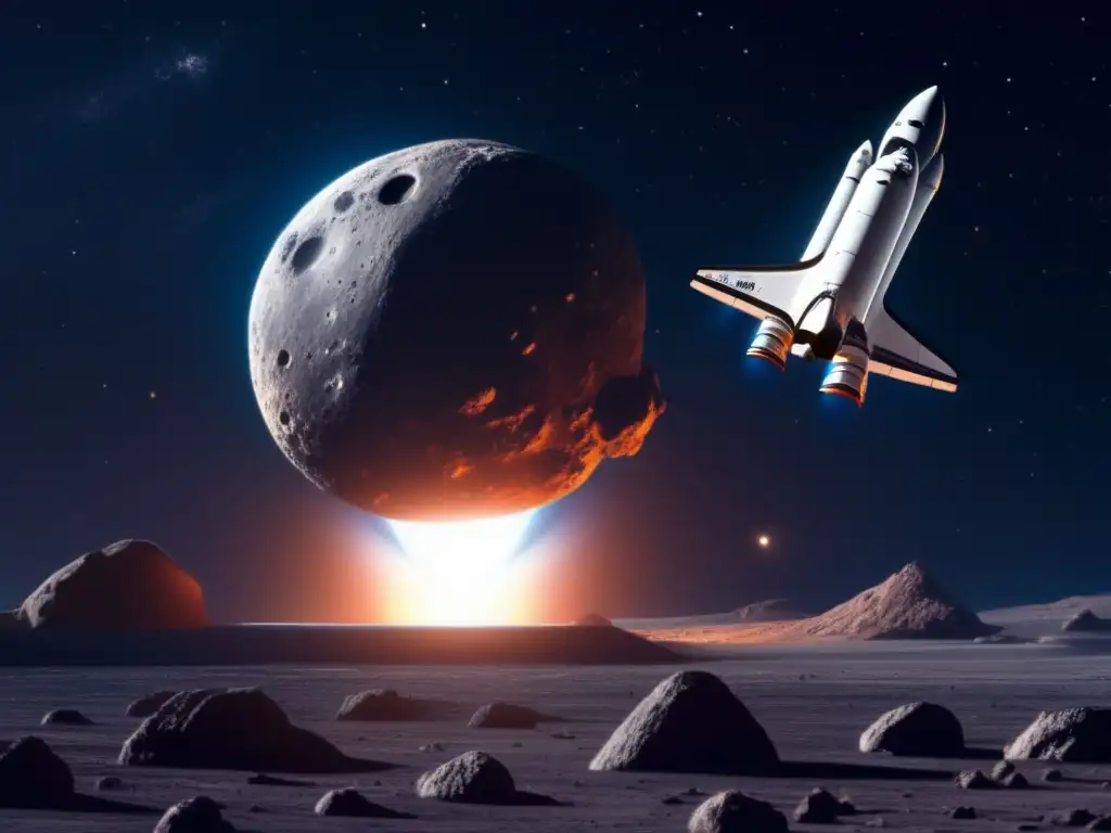 Voyage into the Stars: Orbiting Asteroids with a Space Shuttle An awe-inspiring photorealistic image of an asteroid in the distance, with a space shuttle or spacecraft orbiting it