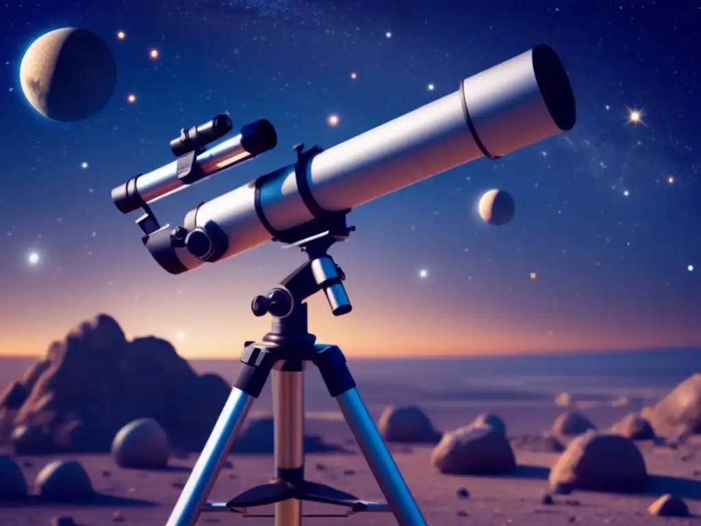Realistic Telescope Stargazing: Uncovering Asteroids in the Night Sky Discovering New Obsessions: A photorealistic image of a high-tech telescope surveying the night sky, with asteroids in various positions and trajectories
