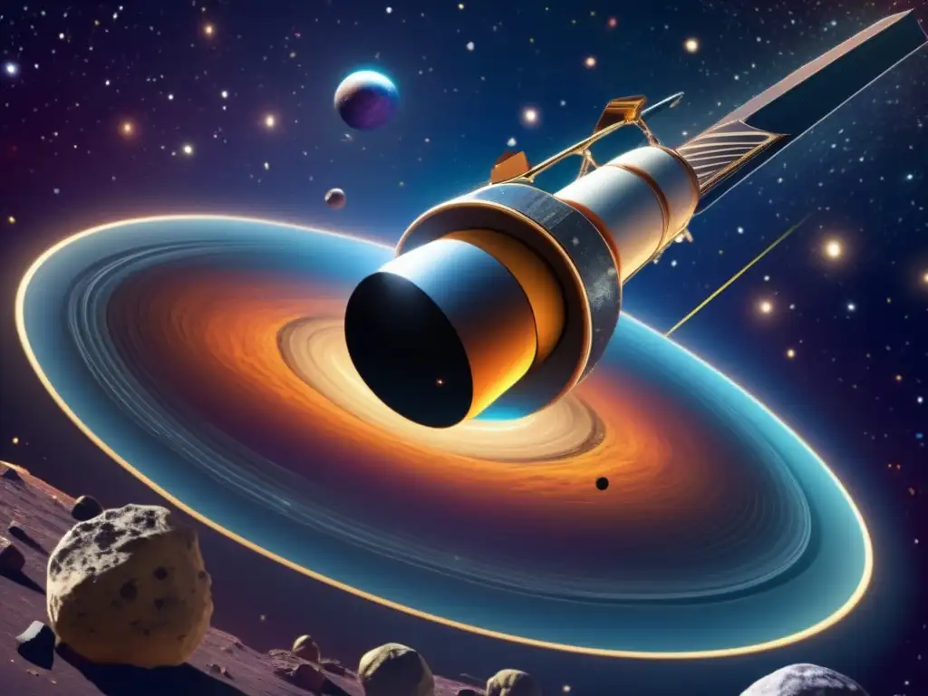 A stunning photorealistic image of a space telescope, focused on asteroid Helix, with vibrant colors and highly textured details