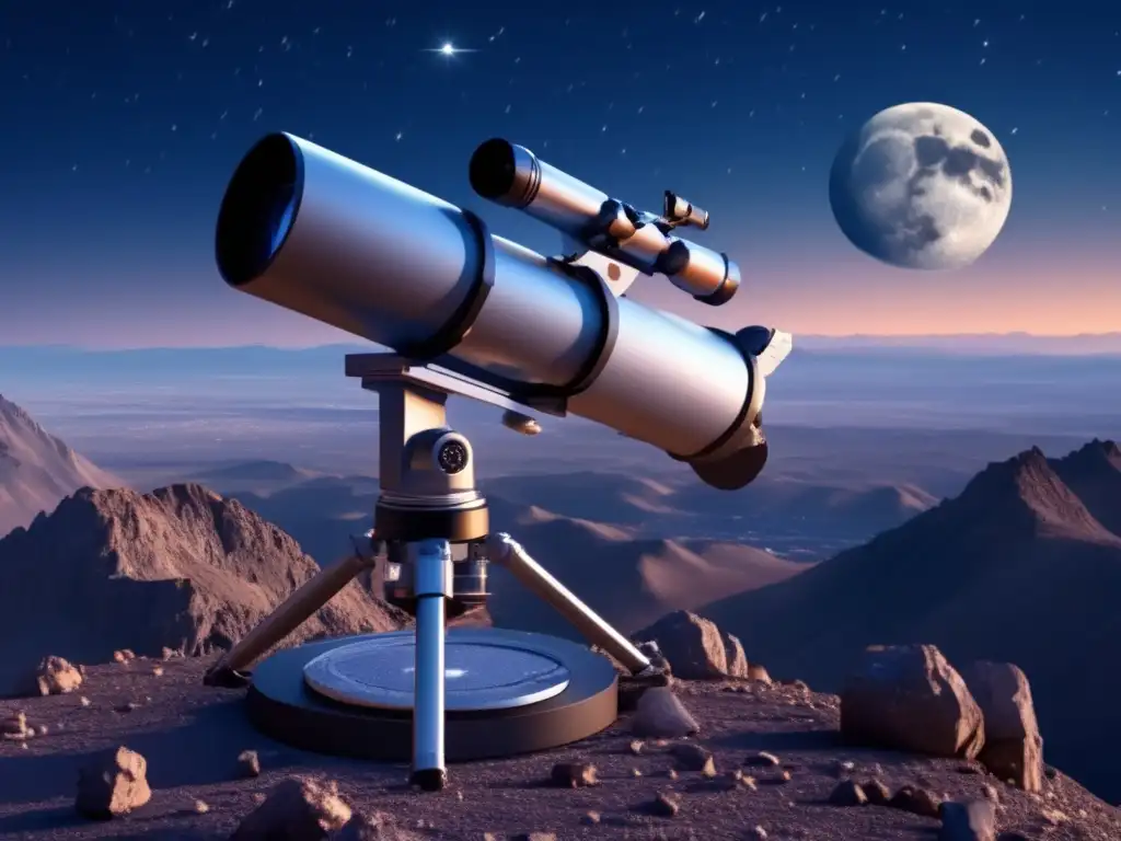 A breathtaking image of a telescope perched atop a mountain peak, gazing starlit heavens, capturing a detailed view of an asteroid in orbit