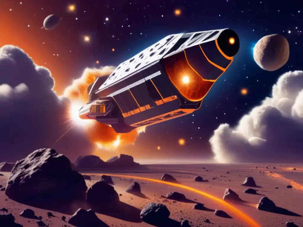 With its engines blazing, the futuristic astrotrucker spacecraft journeys through the asteroid belt, leaving a trail of dust in its wake