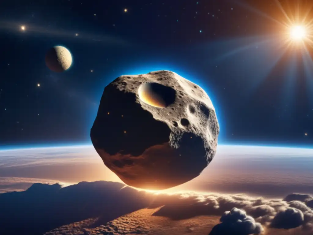 A stunning 8k ultradetailed image captures the closeup view of an Aten asteroid against the backdrop of Earth's sky and atmosphere